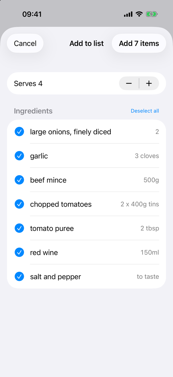 Adding the Bolognese to the list: a servings stepper and all seven ingredients ticked, with an Add 7 items button.