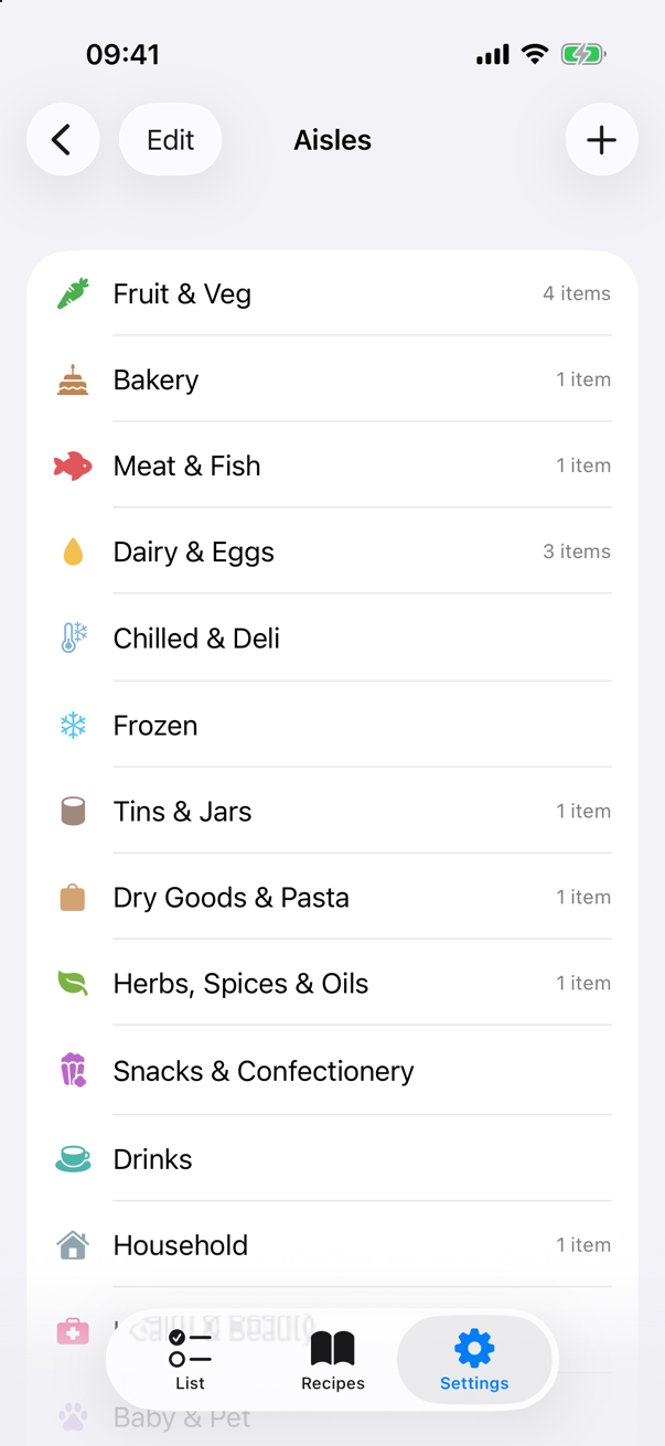The Aisles screen: Fruit & Veg, Bakery, Meat & Fish, Dairy & Eggs and more, each with an icon and a count of items on the list.