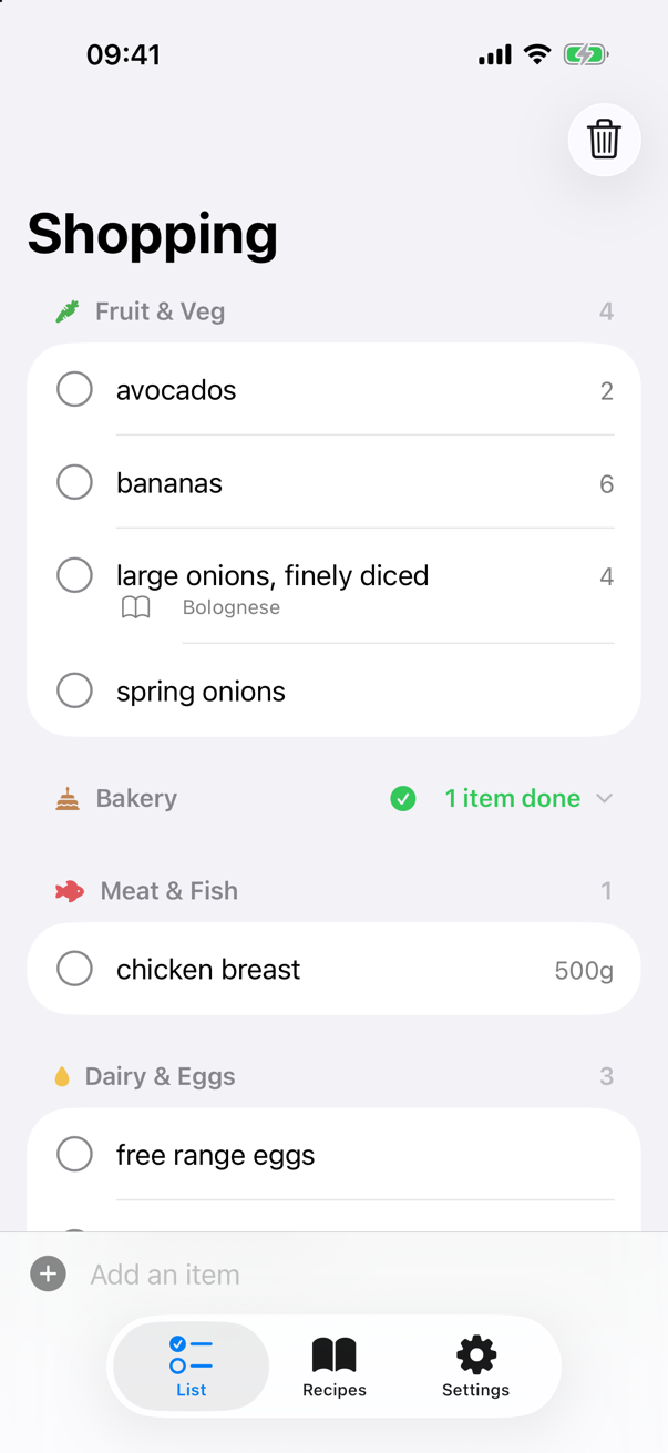 The Fodo shopping list: avocados, bananas, onions and spring onions under Fruit & Veg, a finished Bakery aisle folded to “1 item done”, then chicken breast under Meat & Fish.