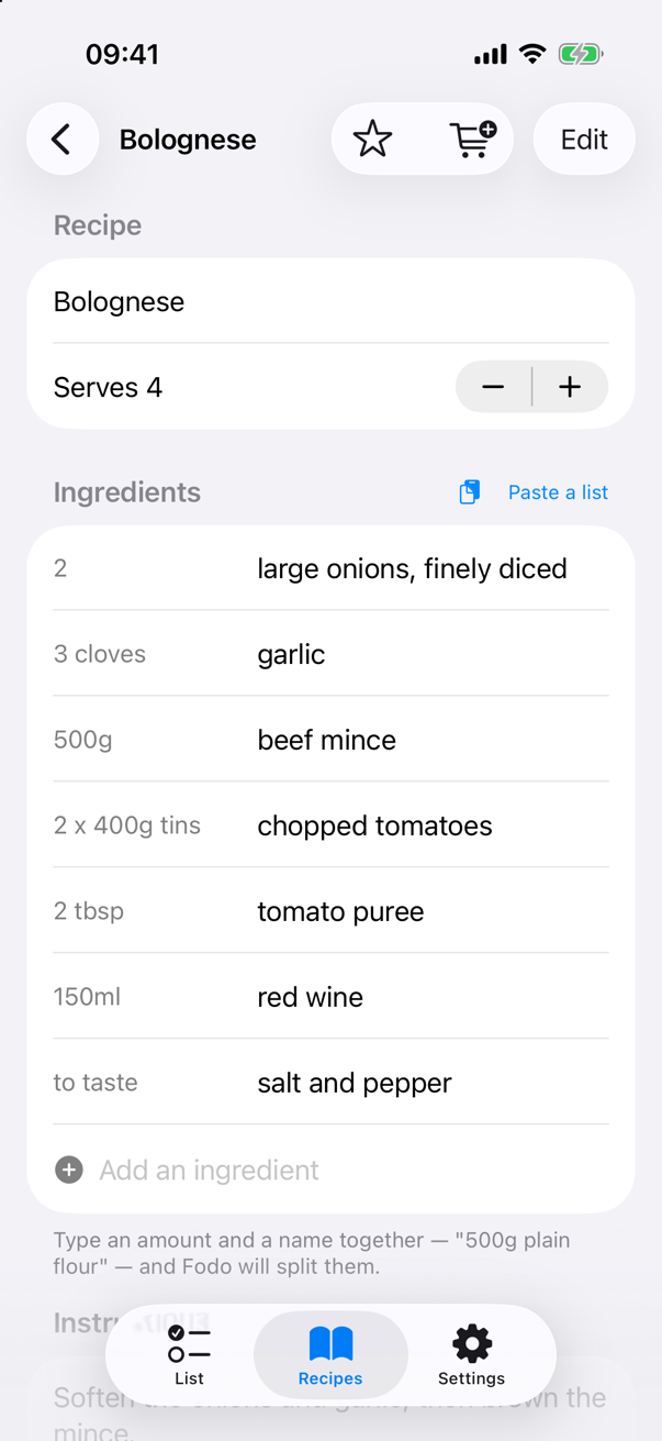 A Bolognese recipe serving four: 2 large onions, 3 cloves garlic, 500g beef mince, 2 x 400g tins chopped tomatoes, 2 tbsp tomato puree, 150ml red wine, salt and pepper to taste.